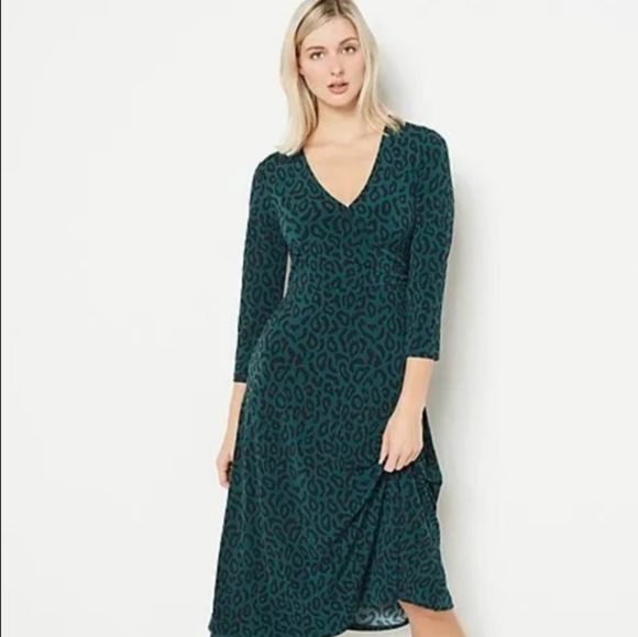 Jason Wu Green Leopard 3/4 Sleeve V Neck Midi Dress Women's Size Large L - Picture 8 of 8
